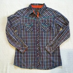 Cowgirl Up Western Plaid Pearl Snap Long Sleeve Shirt Women's Size L Blue Orange